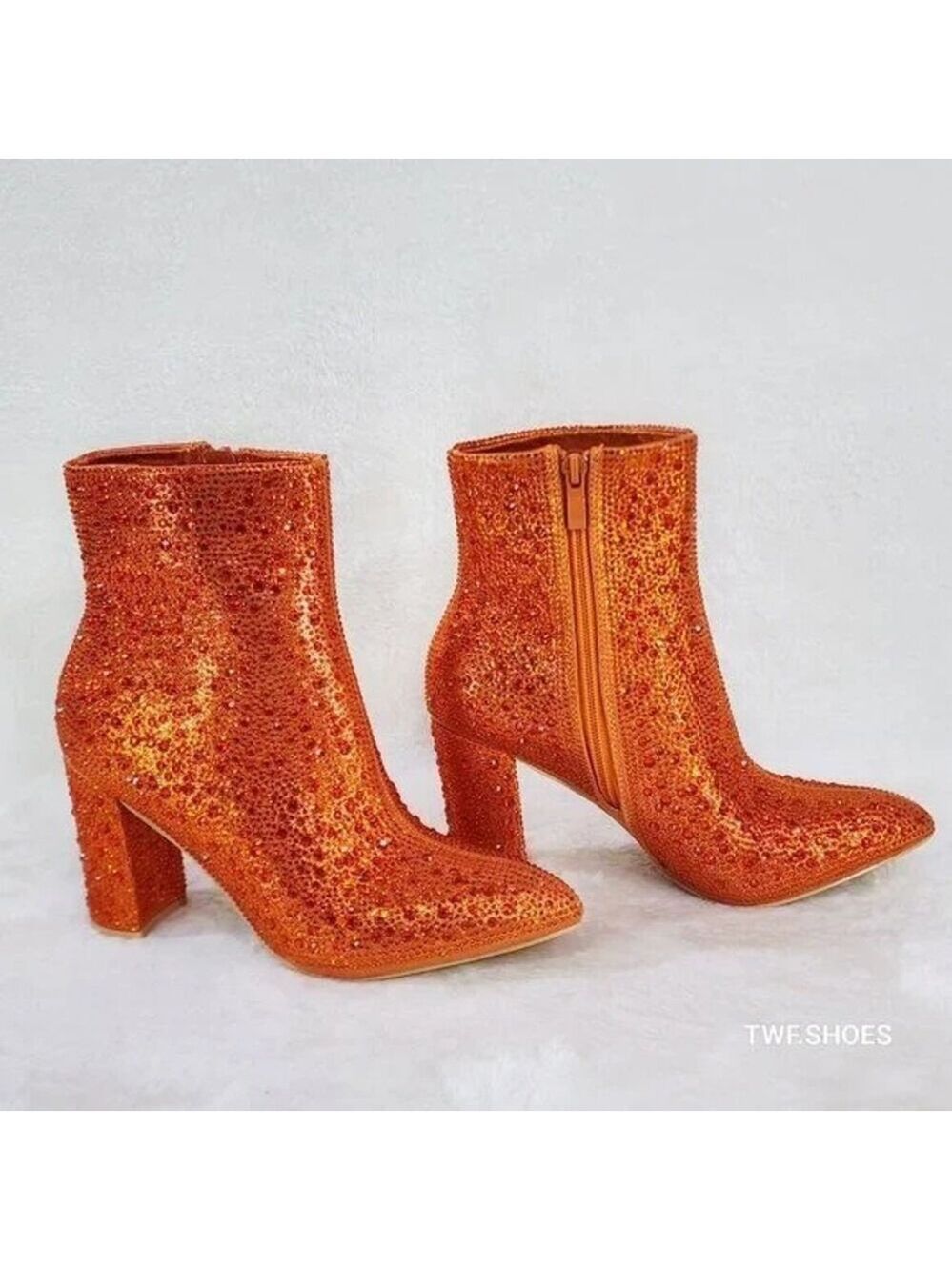 NIB Crystel Orange Rhinestone Block Heel Sparkling Ankle Boots - Picture 2 of 7